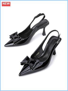 Faux Leather Pointed Toe Slingback Kitten Heel Pumps with Bow
